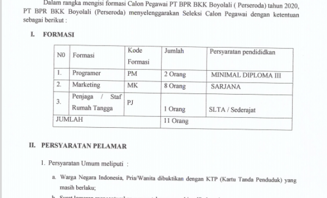 SELEKSI CALON PEGAWAI PT BPR BKK BOYOLALI ( PERSERODA )